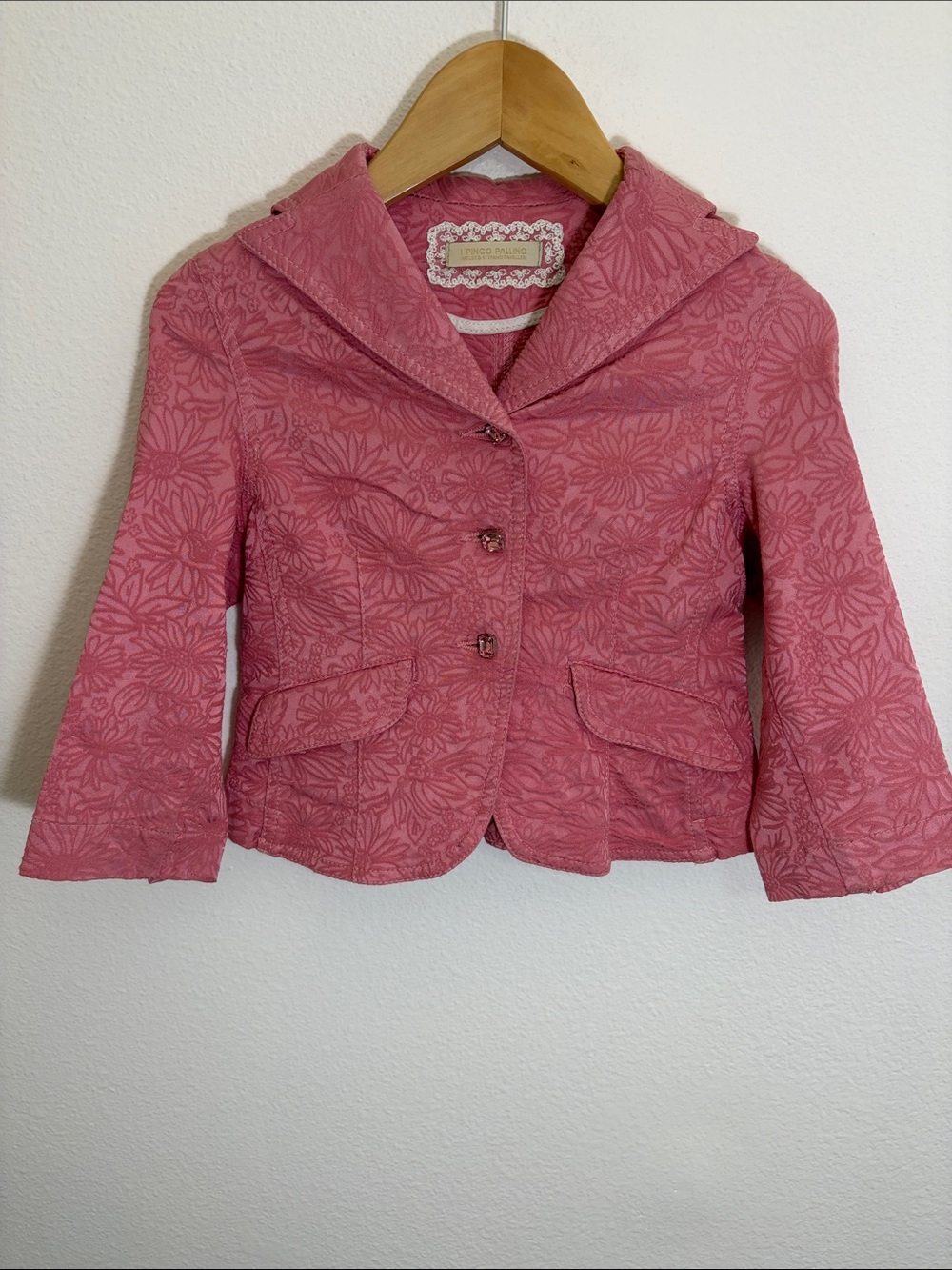 Pinco Pallino Pink Textured Floral Button Blazer Jacket